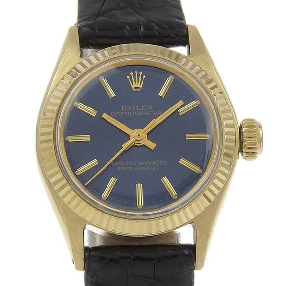 ROLEX Oyster perpetual Watches 6619 cal.1130 NavyDial YG/Embossed Leather - Picture 1 of 8